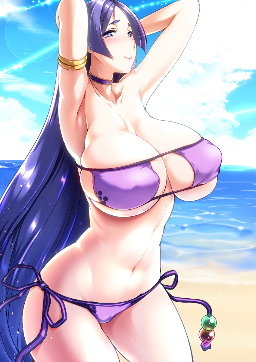 1girl armlet armpits arms_behind_head bangs beach beads bikini blue_sky blush breasts choker closed_mouth clouds collarbone commentary_request covered_nipples ebido eyepatch_bikini fate/grand_order fate_(series) highres hips huge_breasts long_hair low-tied_long_hair minamoto_no_raikou_(fate/grand_order) minamoto_no_raikou_(swimsuit_lancer)_(fate) navel ocean parted_bangs purple_bikini purple_hair sand shiny shiny_hair shore side-tie_bikini sidelocks sky smile standing stomach sunlight swimsuit thick_eyebrows thighs very_long_hair violet_eyes waves