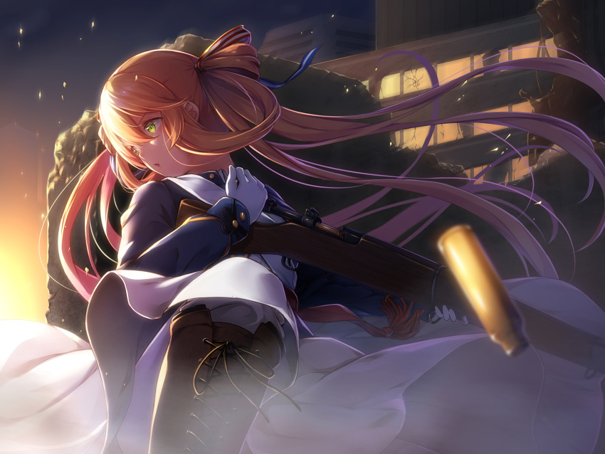 1girl action bangs behind_cover bit_(keikou_syrup) blazer blue_jacket bolt_action breasts brown_footwear brown_hair building dress dust eyebrows_visible_through_hair fire floating_hair girls_frontline gloves green_eyes gun hair_between_eyes hair_ribbon hair_rings highres holding holding_gun holding_weapon jacket large_breasts long_hair looking_afar m1903_springfield m1903_springfield_(girls_frontline) night open_mouth reloading ribbon rifle sash shell_casing sidelocks smoke solo twintails weapon white_dress wind wind_lift