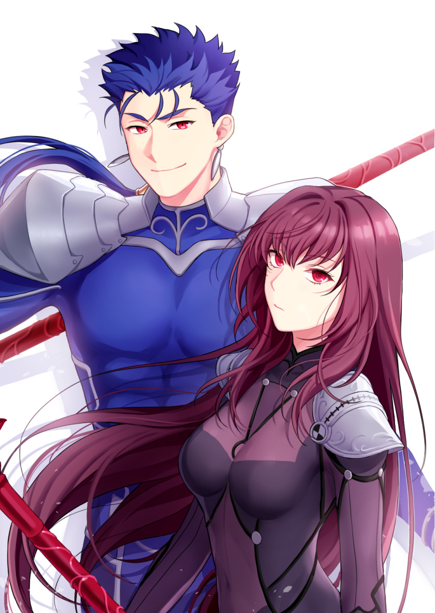 1boy 1girl blue_bodysuit blue_hair bodysuit closed_mouth earrings expressionless fate/grand_order fate_(series) gae_bolg hair_intakes highres jewelry lancer long_hair looking_at_viewer mikkat ponytail purple_bodysuit purple_hair red_eyes scathach_(fate)_(all) scathach_(fate/grand_order) shoulder_armor simple_background smile upper_body white_background