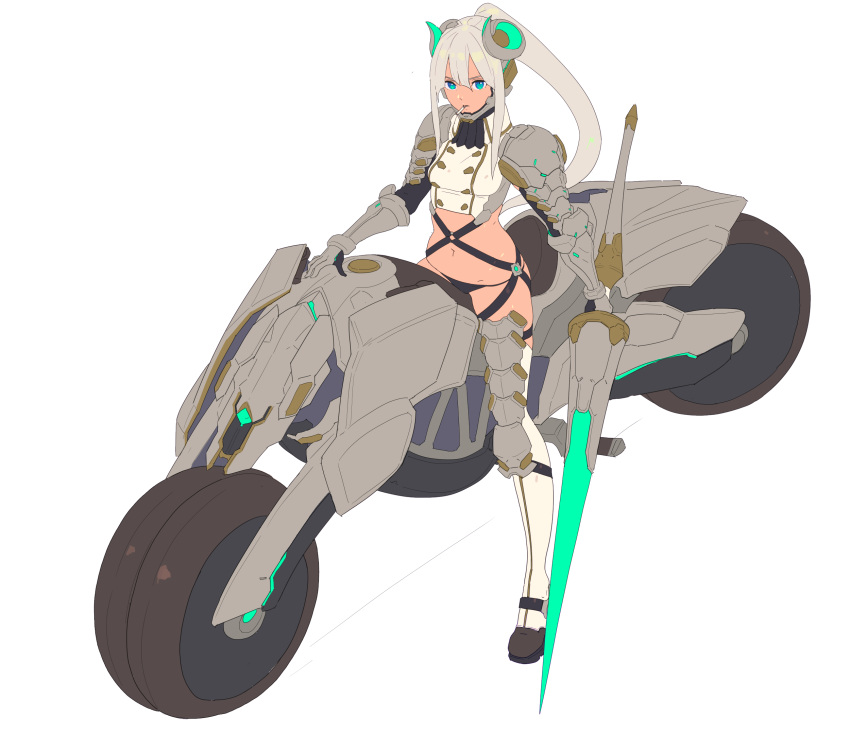 1girl bangs black_panties blue_eyes boots breasts cigarette gauntlets grey_hair ground_vehicle hair_between_eyes highres holding holding_weapon horns lance long_hair looking_at_viewer medium_breasts motor_vehicle motorcycle mouth_hold nagisa_kurousagi navel original panties polearm ponytail revealing_clothes simple_background solo standing thigh-highs thigh_boots underwear weapon