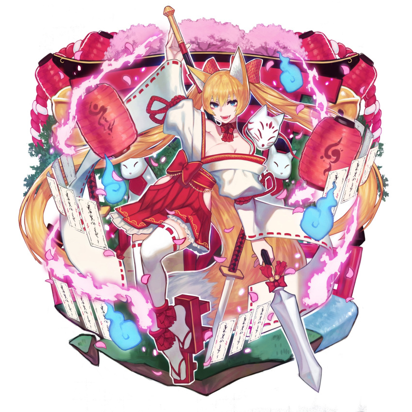 1girl animal_ears bangs bare_shoulders bell blonde_hair blue_eyes bow breasts cat choker cleavage commentary_request doku-chan_(dokkudokudoku) fox_ears fox_mask fox_tail hair_between_eyes hair_bow highres japanese_clothes kimono lantern large_breasts long_hair long_sleeves looking_at_viewer mask open_mouth original pink_petals platform_footwear puckered_lips red_bow red_choker red_footwear red_ribbon red_rope ribbon ribbon-trimmed_legwear ribbon-trimmed_sleeves ribbon_choker ribbon_trim rope simple_background solo sword tail thigh-highs twintails very_long_hair weapon white_background white_cat white_kimono white_legwear zettai_ryouiki