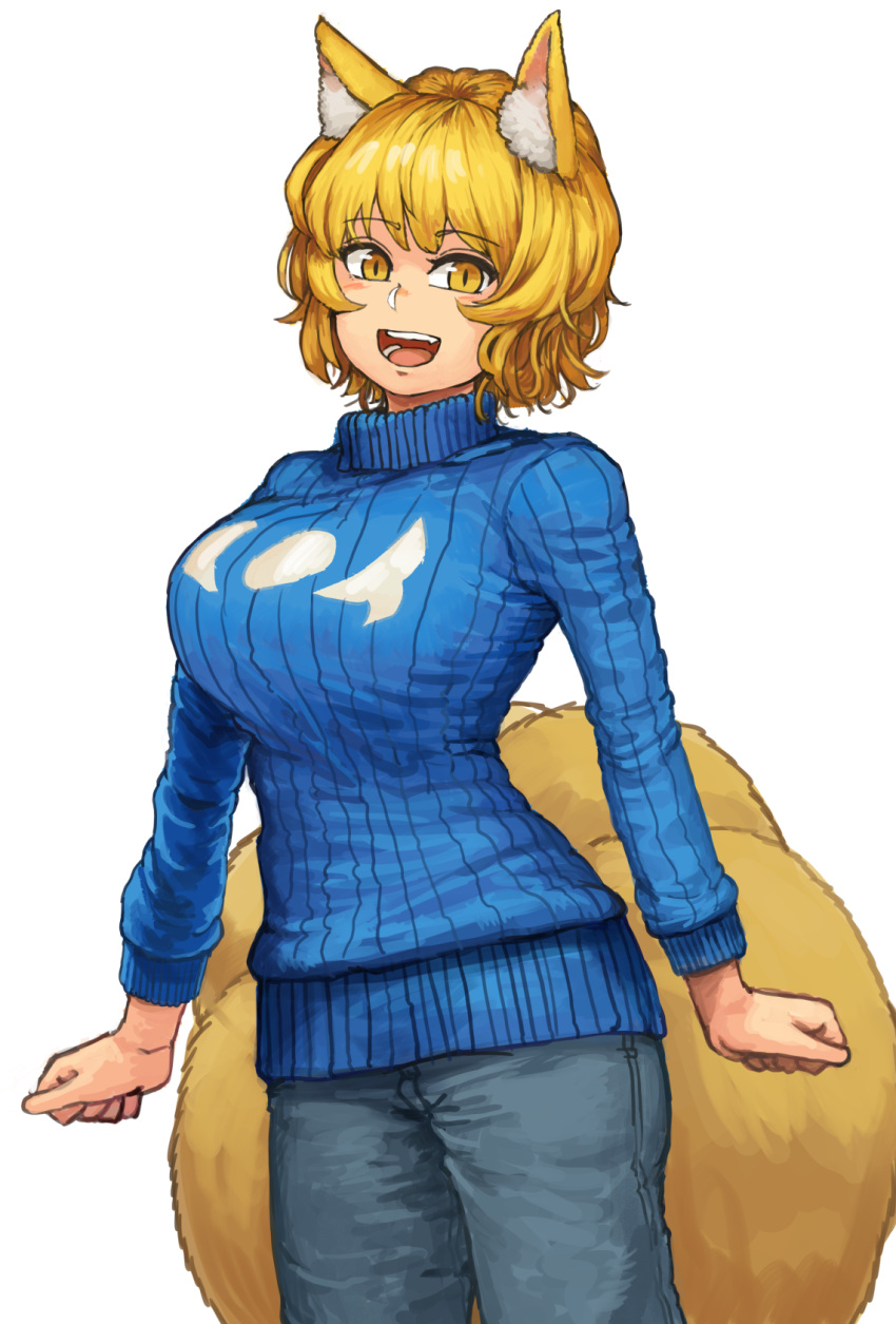 1girl :d adapted_costume animal_ear_fluff animal_ears blonde_hair blue_sweater chanta_(ayatakaoisii) denim eyebrows_visible_through_hair fox_ears fox_tail highres jeans long_sleeves looking_at_viewer multiple_tails open_mouth pants ribbed_sweater simple_background slit_pupils smile solo standing sweater tail touhou white_background yakumo_ran yellow_eyes