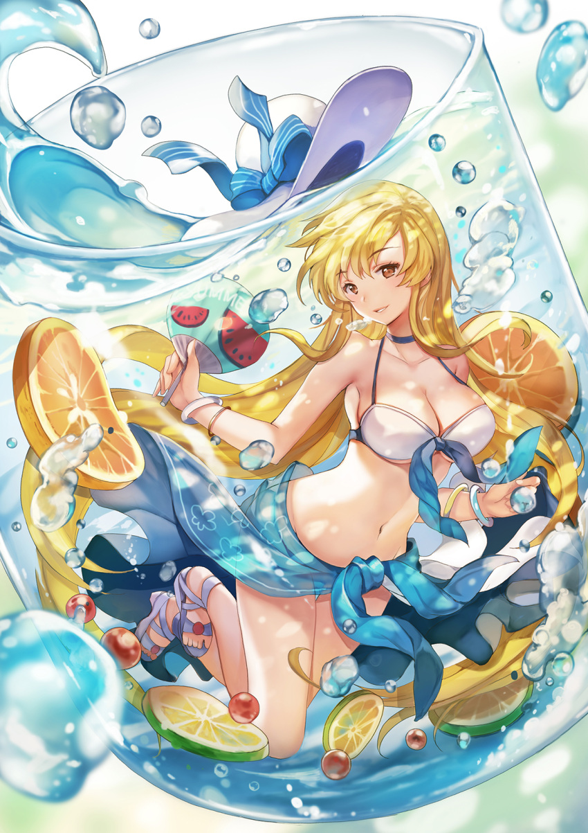 1girl bangle bangs bare_shoulders bikini bracelet breasts brown_eyes bubble cleavage collarbone cup eyebrows_visible_through_hair fan food front-tie_top fruit groin halter_top halterneck hat hat_removed headwear_removed highres holding holding_fan jewelry langrisser large_breasts lemon lemon_slice liana_(langrisser) lime_slice long_hair navel paper_fan parted_lips sandals sarong see-through sibyl sidelocks smile solo stomach sun_hat swimsuit uchiwa underwater very_long_hair