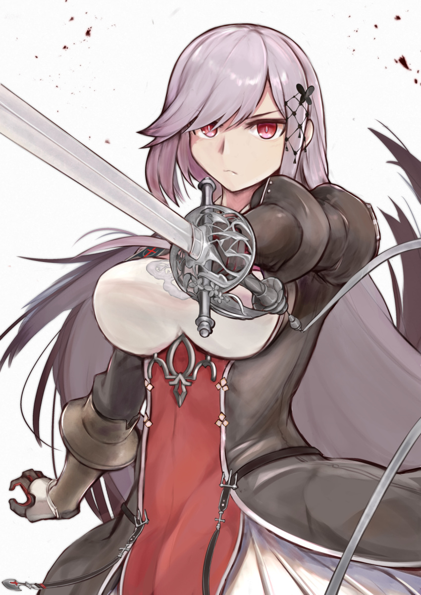 1girl azur_lane bangs breasts dunkerque_(azur_lane) grey_hair hair_ornament highres large_breasts long_hair marshall2033 perspective red_eyes sidelocks solo sword weapon