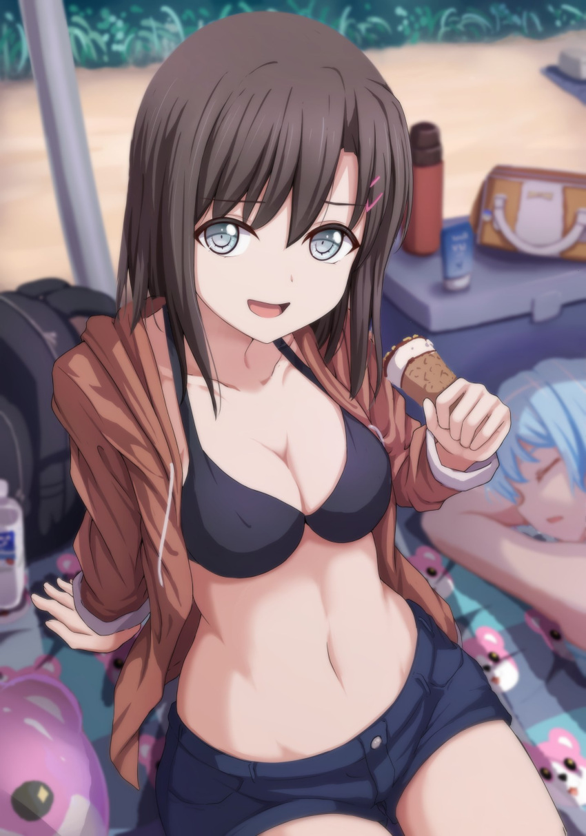 2girls :d arm_support backpack bag bang_dream! bangs black_bikini_top black_hair blue_eyes blurry blurry_background breasts brown_jacket cleavage closed_eyes collarbone commentary_request crepe day denim denim_shorts depth_of_field drawstring eyebrows_visible_through_hair food groin hair_ornament hairclip hand_up highres holding holding_food hood hood_down hooded_jacket jacket light_blue_hair long_hair long_sleeves looking_at_viewer lotion_bottle lying medium_breasts michelle_(bang_dream!) multiple_girls narafume navel okusawa_misaki on_stomach open_clothes open_jacket open_mouth outdoors parted_lips short_shorts shorts sitting smile stomach umbrella
