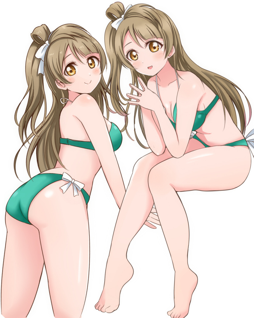 2girls all_fours barefoot bikini brown_eyes brown_hair dual_persona feet_out_of_frame fingers_together green_bikini highres invisible_chair long_hair love_live! love_live!_school_idol_project minami_kotori multiple_girls one_side_up simple_background sitting swimsuit wewe white_background