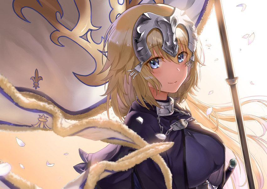 1girl absurdres bangs blonde_hair blue_eyes cape capelet closed_mouth commentary_request eyebrows_visible_through_hair fate/apocrypha fate/grand_order fate_(series) fur_trim gradient gradient_background headpiece highres jeanne_d'arc_(fate) jeanne_d'arc_(fate)_(all) jjeono long_hair long_sleeves looking_at_viewer petals plackart shiny shiny_hair smile solo standard_bearer sword upper_body very_long_hair weapon