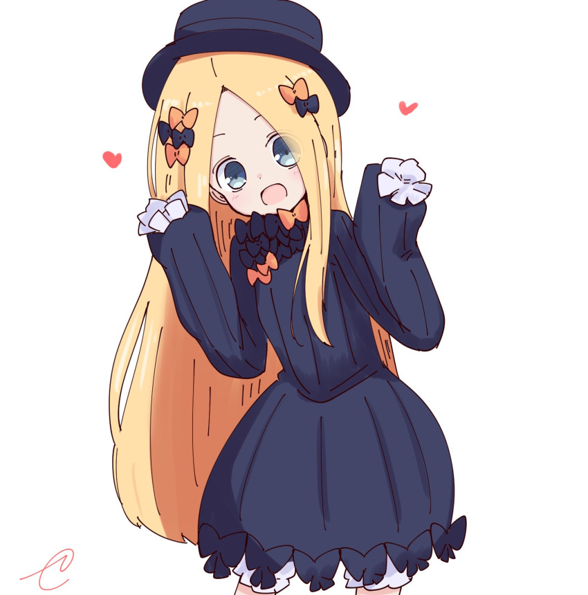 1girl :d abigail_williams_(fate/grand_order) bangs black_bow black_dress black_hat blonde_hair bloomers blue_eyes blush bow bug butterfly commentary_request cowboy_shot dress eyes_visible_through_hair fate/grand_order fate_(series) forehead hair_bow hands_up hat heart highres insect kujou_karasuma leaning_to_the_side long_hair long_sleeves looking_at_viewer open_mouth orange_bow parted_bangs polka_dot polka_dot_bow signature simple_background sleeves_past_fingers sleeves_past_wrists smile solo underwear very_long_hair white_background white_bloomers