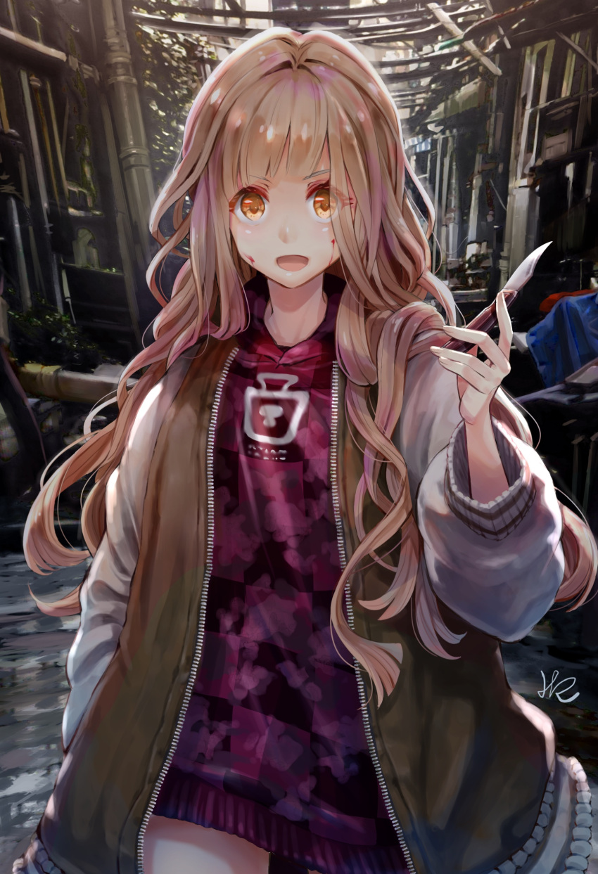 1girl :d absurdres blood blood_on_face brown_eyes brown_hair commentary_request eyes_visible_through_hair hair_intakes hand_up highres holding holding_knife hood hoodie hoshizaki_reita jacket knife little_red_riding_hood_(sinoalice) long_sleeves looking_at_viewer open_mouth outdoors signature sinoalice smile solo