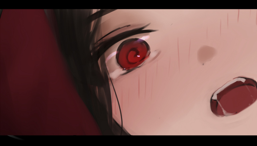 1girl @_@ arm_up bangs black_hair blush close-up dutch_angle eyebrows_visible_through_hair face fangs highres letterboxed nose_blush open_mouth original red_eyes saliva shimmer solo tears tongue