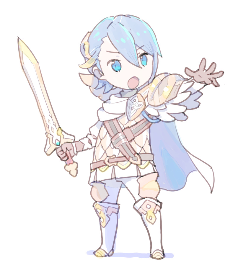 1boy absurdres alfonse_(fire_emblem) armor belt blue_eyes blue_hair boots breastplate cape chibi fire_emblem fire_emblem_heroes full_body hair_between_eyes hair_ornament highres holding holding_sword holding_weapon male_focus metal_boots nagisa_kurousagi nintendo open_mouth pants shield simple_background solo standing sword weapon white_background white_cape white_footwear