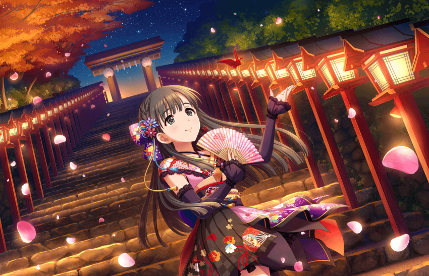 1girl artist_request bangs black_eyes black_hair blunt_bangs closed_mouth detached_sleeves eyebrows_visible_through_hair fan floral_print flower folding_fan hair_flower hair_ornament holding idolmaster idolmaster_cinderella_girls idolmaster_cinderella_girls_starlight_stage japanese_clothes kobayakawa_sae lace long_hair looking_up night night_sky obi official_art origami outdoors paper_crane petals sash sky smile solo stairs standing star_(sky) starry_sky torii tree