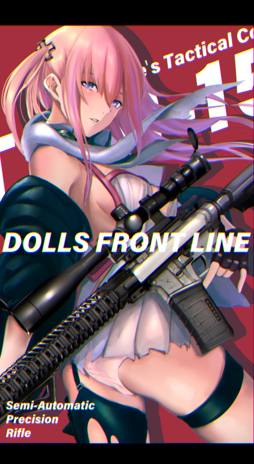 1girl ar-15 ass assault_rifle bangs black_gloves blue_eyes blue_hair blush breasts character_name commentary_request damaged dress eyebrows_visible_through_hair fingerless_gloves from_side girls_frontline gloves gun hair_between_eyes hair_ornament hairclip half-closed_eyes highres holding holding_gun holding_weapon jacket kisaragi_chiyuki letterboxed long_hair looking_at_viewer multicolored_hair one_side_up panties parted_lips pink_hair pinky_out revision rifle scarf sidelocks signature single_thighhigh skindentation small_breasts solo st_ar-15_(girls_frontline) streaked_hair thigh-highs thigh_strap torn_clothes torn_dress torn_legwear trigger_discipline underwear weapon white_panties