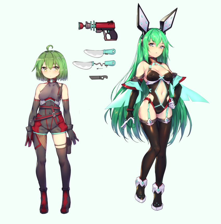 2girls ahoge animal_ears bare_shoulders blue_background blush bodysuit breasts closed_mouth contrapposto copyright_request elbow_gloves energy_gun eyebrows_visible_through_hair fake_animal_ears garter_straps gloves green_hair grey_gloves grey_hair hand_on_hip highres holster knife leotard long_hair looking_at_viewer medium_breasts multiple_girls navel official_art ray_gun shennai_misha short_hair simple_background small_breasts standing standing_on_one_leg thigh_gap very_long_hair weapon yellow_eyes