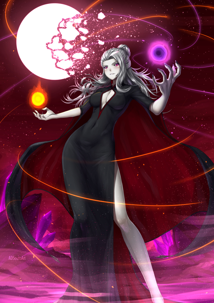 1girl adsouto artist_name black_dress black_nails black_sclera breasts broken_moon cleavage cleavage_cutout dress highres long_hair looking_at_viewer medium_breasts moon nail_polish night parted_lips red_eyes rwby salem_(rwby) side_slit silver_hair solo standing white_skin