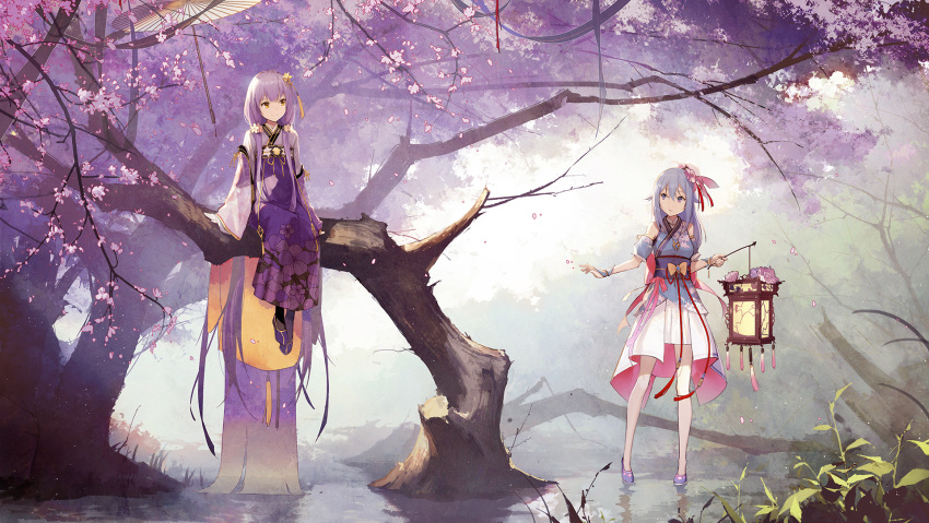 2girls absurdly_long_hair ahoge arm_support bangs bare_legs bare_shoulders bare_tree black_legwear blue_kimono breasts cherry_blossoms closed_mouth commentary_request day detached_sleeves falling_leaves floral_print flower grey_hair hair_between_eyes hair_flower hair_ornament hair_over_shoulder hair_ribbon haiyi high_heels highres holding_lantern japanese_clothes jewelry kieed kimono lantern leaf legs_apart long_hair long_sleeves looking_afar looking_at_another looking_to_the_side multiple_girls obi oriental_umbrella outdoors parted_lips pendant pink_flower pink_ribbon plant print_kimono puffy_short_sleeves puffy_sleeves purple_footwear purple_hair purple_kimono quad_tails red_ribbon ribbon sash short_sleeves sidelocks sitting skirt small_breasts smile standing standing_on_liquid star star_hair_ornament tassel tree umbrella very_long_hair violet_eyes vocaloid water white_skirt wide_sleeves wrist_cuffs xingchen yellow_eyes