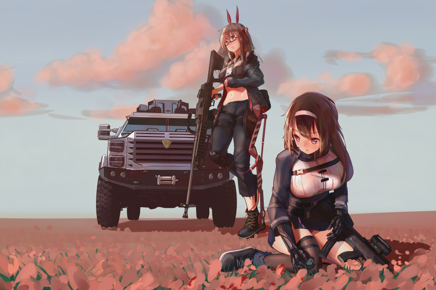 2girls absurdres animal_ears chinese_commentary commentary_request exoskeleton field flower girls_frontline ground_vehicle highres horse_ears huge_filesize jeep js_9_(girls_frontline) js_9_mm motor_vehicle multiple_girls shoes sneakers squatting sunset type_88_(girls_frontline) type_88_lmg xiao_po_qie