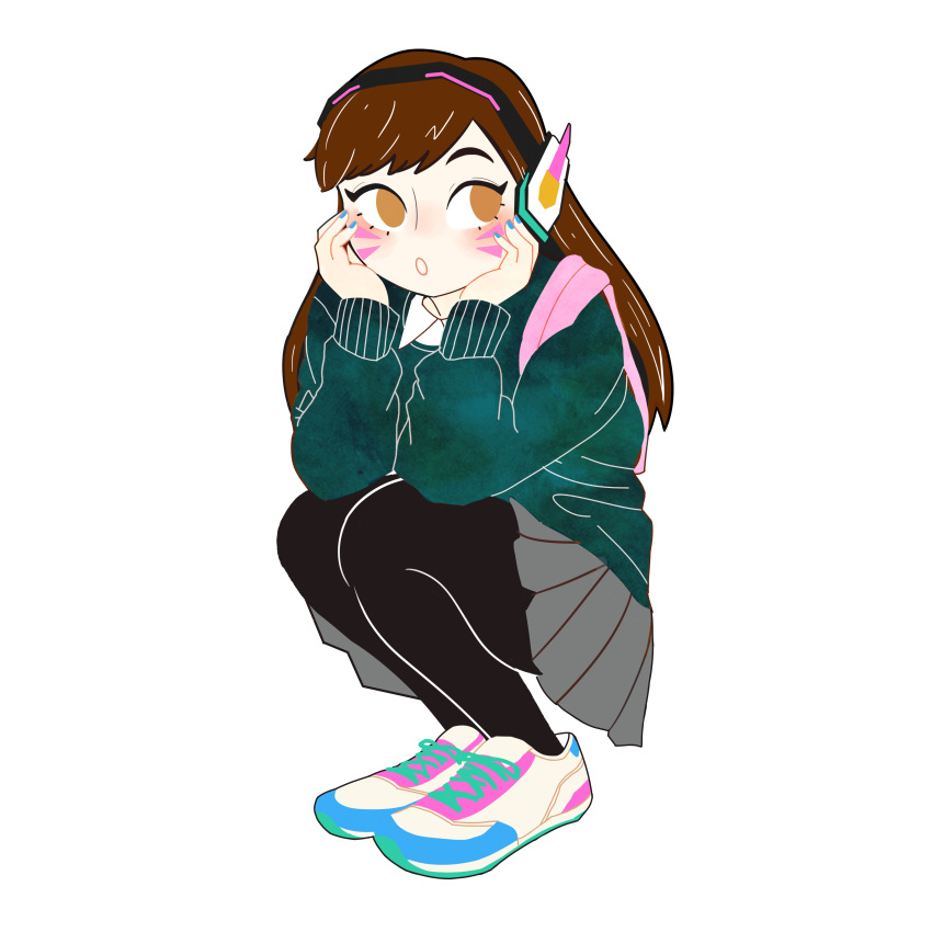 absurdres backpack bag bangs black_legwear blue_nails brown_eyes brown_hair bubble_blowing casual chestnut_mouth chewing_gum collared_shirt d.va_(overwatch) facepaint facial_mark fingernails full_body green_jacket grey_skirt hands_on_own_face highres jacket long_hair long_sleeves looking_to_the_side mona_(h-rabbit) nail_polish no_pupils open_mouth overwatch pantyhose pink_backpack pleated_skirt shirt shirt_under_jacket shoes simple_background skirt sneakers squatting swept_bangs whisker_markings white_background white_shirt
