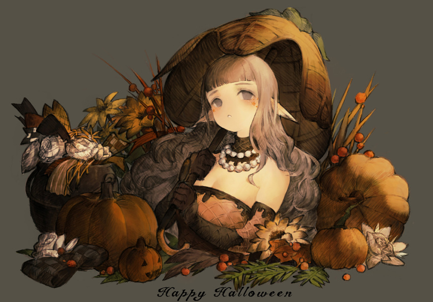 1girl baiguiyu bangs blunt_bangs breasts brown_dress brown_gloves cleavage commentary_request dress elbow_gloves english flower flower_request gloves grey_background grey_hair halloween happy_halloween jack-o'-lantern jewelry long_hair looking_at_viewer mabinogi necklace orange_flower original parted_lips pearl_necklace pointy_ears pumpkin rose simple_background solo umbrella upper_body violet_eyes white_flower white_rose