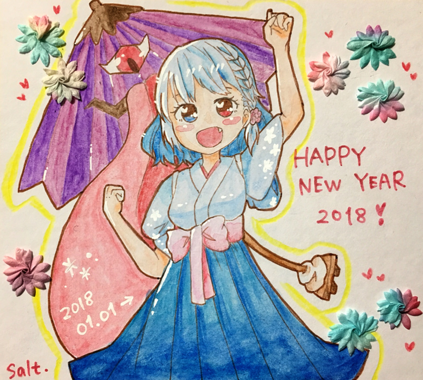 1girl 2018 :d blue_eyes blue_hair commentary fang hakama heterochromia highres japanese_clothes open_mouth red_eyes salt_(seasoning) short_hair smile tatara_kogasa tongue touhou traditional_media umbrella