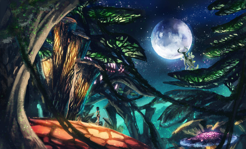 1girl animal bioluminescence black_tank_top boots deer full_moon giant_mushroom highres keruusu_(xenoblade_x) light_particles lilithcosa looking_up moon nature night night_sky noctilum outdoors plant scenery short_shorts shorts sky tree xenoblade_chronicles_x