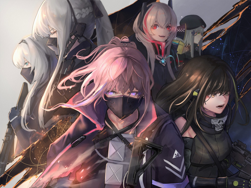 6+girls ak-12_(girls_frontline) an-94 an-94_(girls_frontline) ar-15 armor assault_rifle bangs beret black_gloves blonde_hair blue_eyes blunt_bangs braid breasts brown_hair closed_eyes closed_mouth coat defy_(girls_frontline) dress eyebrows_visible_through_hair facial_mark floating_hair french_braid girls_frontline gloves green_eyes green_hair green_sweater gun hair_ornament hairband hat headgear headphones headset highres hk416_(girls_frontline) holding holding_gun holding_weapon jacket long_hair long_sleeves looking_at_viewer m4_sopmod_ii m4_sopmod_ii_(girls_frontline) m4a1_(girls_frontline) medium_breasts mod3_(girls_frontline) multicolored_hair multiple_girls open_clothes open_coat open_jacket open_mouth pink_hair ponytail red_eyes redhead ribbed_sweater ribbon rifle ro635_(dinergate) sidelocks silver_hair skull_print smile st_ar-15_(girls_frontline) streaked_hair sweater sweater_vest teardrop very_long_hair weapon wind xyufsky