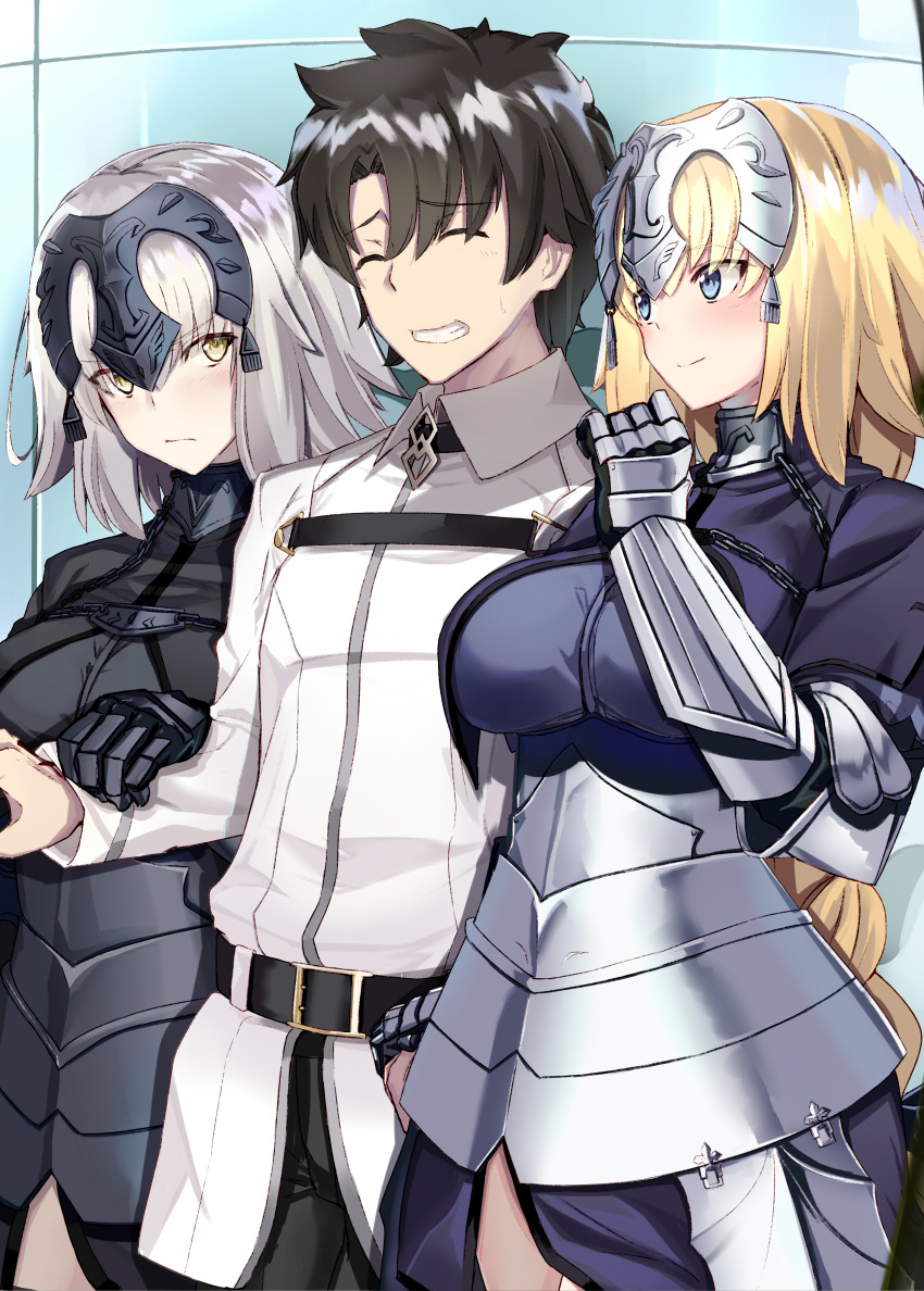 1boy 2girls absurdres armor armored_dress black_armor black_hair blonde_hair blue_eyes blush braid breasts chains closed_eyes closed_mouth commentary_request fate/grand_order fate_(series) fujimaru_ritsuka_(male) hand_holding headpiece highres holding_another's_arm jeanne_d'arc_(alter)_(fate) jeanne_d'arc_(fate) jeanne_d'arc_(fate)_(all) large_breasts light_smile long_hair multiple_girls ninoude_(ninoude44) short_hair silver_hair single_braid smile very_long_hair yellow_eyes