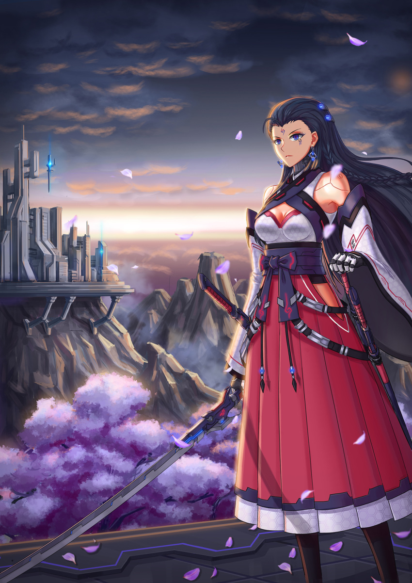 1girl bare_shoulders black_hair blue_eyes braid brilliant_naraku cherry_blossoms city cleavage_cutout clouds cloudy_sky cyborg detached_sleeves earrings facial_mark forehead_mark hair_pulled_back hakama hand_on_hilt headgear highres japanese_clothes jewelry katana kimono mountain original petals red_pupils science_fiction serious sky slit_pupils sword weapon wide_sleeves