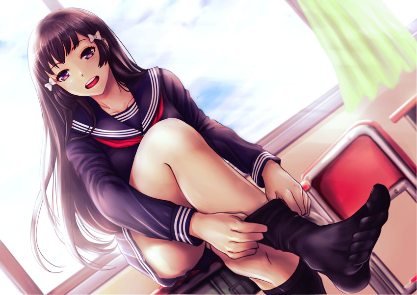 1girl :o adjusting_clothes adjusting_legwear black_hair black_legwear black_serafuku blue_sky bow chair curtains day desk dutch_angle feet hair_bow indoors knee_up kneehighs konekoneko_(indonesia) long_hair long_sleeves looking_at_viewer navy_blue_shirt navy_blue_skirt no_shoes on_desk original school_desk school_uniform serafuku sitting sky socks thighs toes violet_eyes white_bow window