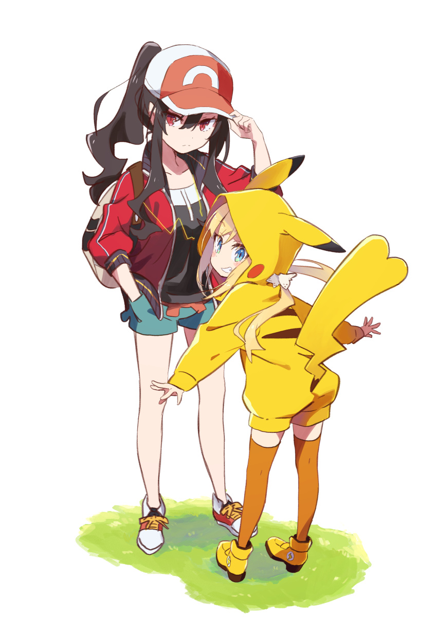 2girls absurdres amaryllis_class arm_up backpack bag bangs baseball_cap black_shirt blonde_hair blue_eyes blue_shorts blush brown_hair character_request collarbone cosplay creatures_(company) game_freak gen_1_pokemon grin hair_between_eyes hand_in_pocket hand_on_headwear hat high_ponytail highres hood hood_up jacket kotohara_hinari lightning_bolt long_hair long_sleeves looking_at_viewer looking_back multiple_girls nintendo open_clothes open_jacket orange_legwear pikachu pikachu_(cosplay) pikachu_costume pikachu_ears pikachu_tail pokemon pokemon_(game) pokemon_ears pokemon_lgpe ponytail puffy_long_sleeves puffy_sleeves red_eyes red_footwear red_jacket shirt shoes short_jumpsuit short_shorts shorts sidelocks smile sneakers tail tama_(tama-s) thigh-highs virtual_youtuber white_hat yellow_footwear yellow_jumpsuit