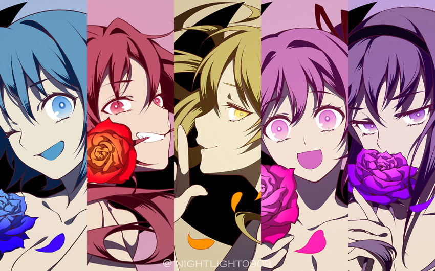 5girls :d ;d akemi_homura artist_name bare_shoulders black_hairband blonde_hair blue_background blue_eyes blue_flower blue_hair blue_petals blue_rose clenched_teeth close-up expressionless eyebrows_visible_through_hair fingernails flower flower_in_mouth grin hairband happy hidden_mouth holding holding_flower kaname_madoka mahou_shoujo_madoka_magica miki_sayaka multiple_girls nightlight0909 one_eye_closed open_mouth panels petals pink_background pink_eyes pink_flower pink_hair pink_petals pink_rose profile purple_background purple_flower purple_hair purple_petals purple_rose red_background red_eyes red_flower red_rose redhead ribbon_hair rose sakura_kyouko short_hair simple_background smile teeth tomoe_mami upper_body violet_eyes watermark yellow_background yellow_eyes yellow_petals