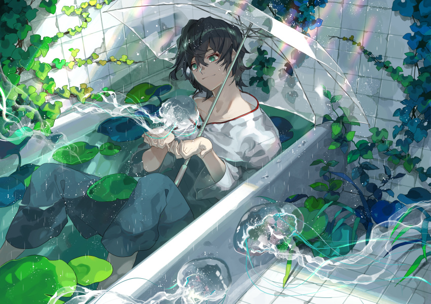 1boy bathroom bathtub black_hair black_pants green_eyes highres indoors jellyfish kyouichi lily_pad male_focus original pants plant rain shirt sitting smile transparent transparent_umbrella umbrella vines wet white_shirt