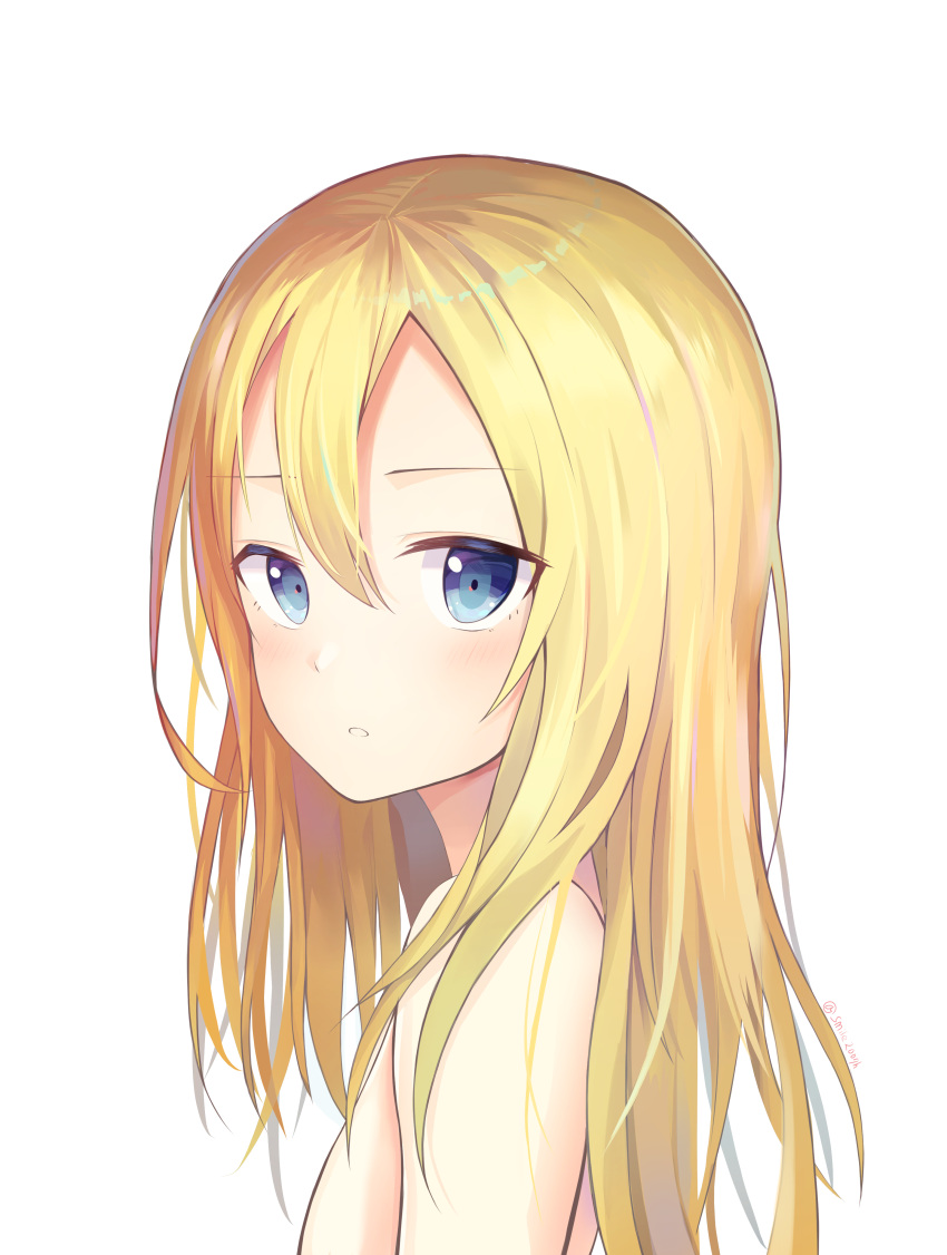 1girl absurdres blonde_hair blue_eyes blush flat_chest from_side hair_between_eyes highres long_hair looking_at_viewer nude parted_lips portrait rachel_gardner satsuriku_no_tenshi simple_background smile2007h solo white_background