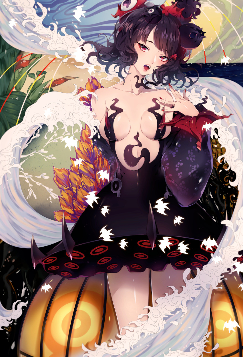 1girl absurdres bangs bare_shoulders black_dress blue_eyes blush breasts cleavage collarbone detached_sleeves dress eyebrows_visible_through_hair eyeshadow fate/grand_order fate_(series) flower hair_flower hair_ornament hand_up head_tilt highres katsushika_hokusai_(fate/grand_order) looking_at_viewer makeup medium_breasts misshao_00 nail_polish octopus open_mouth puffy_sleeves purple_hair red_nails shiny shiny_skin short_hair smile solo strapless strapless_dress tsurime violet_eyes waves