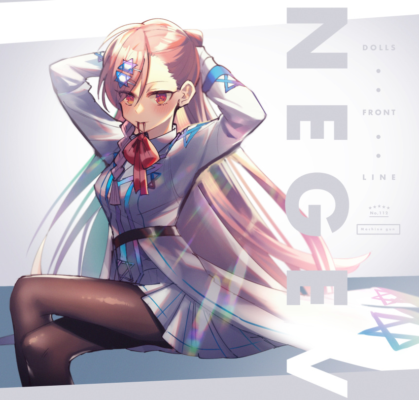 1girl absurdres bangs belt black_legwear blush bow braid breasts character_name collared_jacket commentary_request eyebrows_visible_through_hair eyes_visible_through_hair girls_frontline gloves hair_between_eyes hair_bow hair_ornament hair_ribbon hair_tie_in_mouth hairclip hexagram highres jacket legs_crossed long_hair long_sleeves looking_at_viewer mouth_hold negev_(girls_frontline) one_side_up pantyhose pink_hair pleated_skirt red_bow red_eyes ribbon ronica shirt side_braid sidelocks sitting skirt smile solo star_of_david tying_hair white_gloves white_skirt