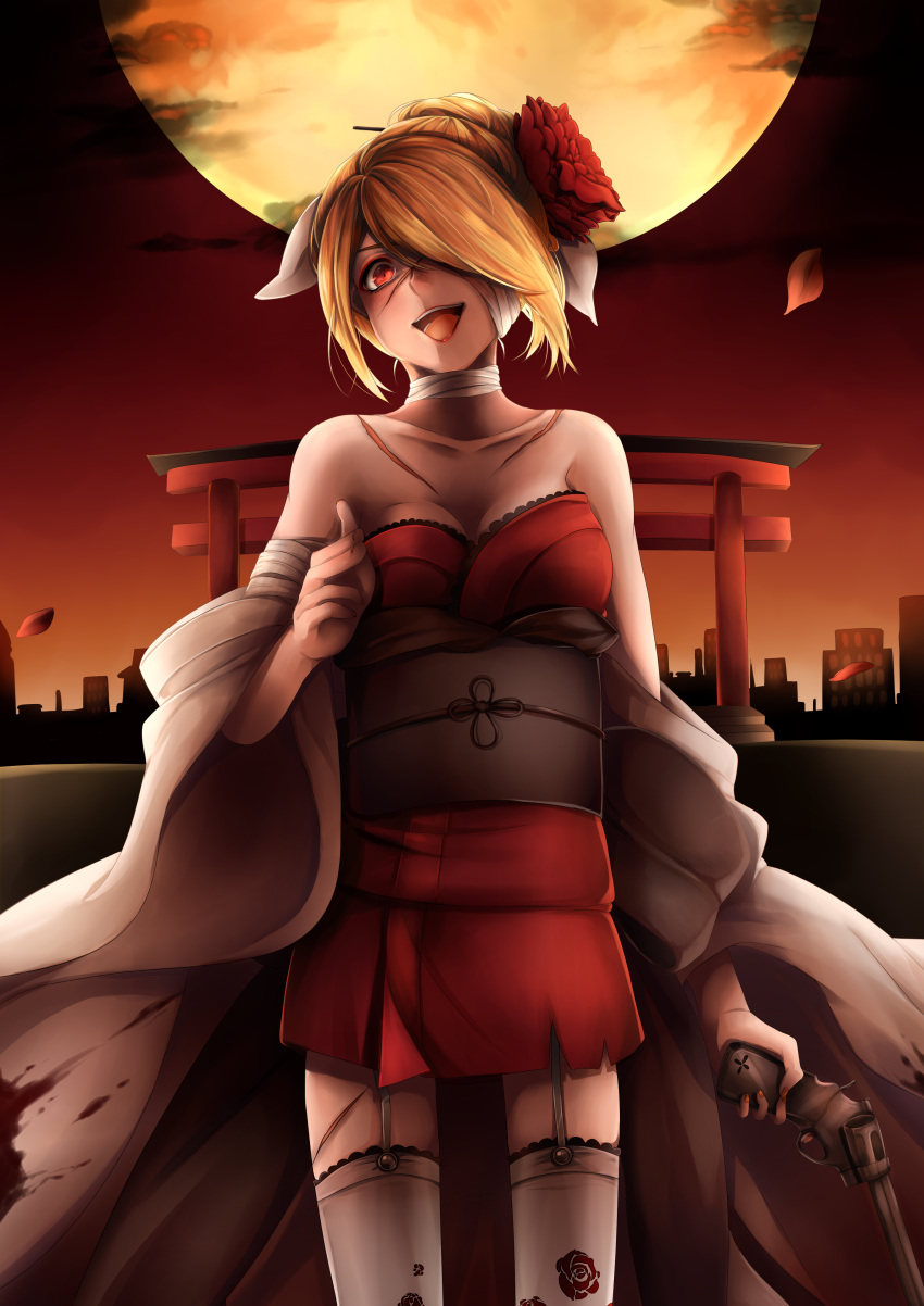 1girl absurdres bandage_over_one_eye bandaged_neck bare_shoulders blonde_hair blood blood_splatter breasts building cityscape cleavage constricted_pupils crazy_eyes evil_smile eyeshadow floral_print garter_belt gun handgun highres holding holding_gun holding_weapon japanese_clothes kagamine_rin karakuri_manji_burst_(vocaloid) kimono laughing makeup medium_breasts moon night night_sky obi open_mouth petals red_eyes red_lips revolver rlf_00 sash scar short_kimono sky smile solo thigh-highs updo vocaloid weapon yellow_moon