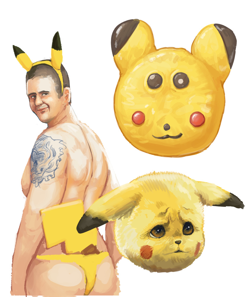 1boy absurdres animal_ears ass back brown_hair chanta_(ayatakaoisii) closed_mouth cowboy_shot creatures_(company) detective_pikachu detective_pikachu_(movie) fake_animal_ears from_behind game_freak gen_1_pokemon highres looking_at_viewer looking_back male_focus nintendo pikachu pokemon pokemon_(creature) seductive_smile shoulder_tattoo simple_background smile solo standing tattoo what white_background