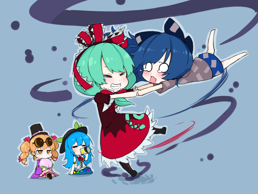 4girls barefoot black_footwear black_hat blonde_hair blue_background blue_bow blue_hair blue_skirt boots bow brown_dress can chibi closed_eyes dress drill_hair drinking eating eyewear_on_head food fruit green_hair grin hair_bow hat hat_bow highres hinanawi_tenshi holding holding_can hood hoodie jacket jakomurashi kagiyama_hina multicolored multicolored_clothes multicolored_dress multiple_girls o_o peach pink_bow pink_dress puffy_short_sleeves puffy_sleeves purple_jacket red_dress short_sleeves simple_background sitting skirt smile sunglasses tears teeth top_hat touhou yorigami_jo'on yorigami_shion