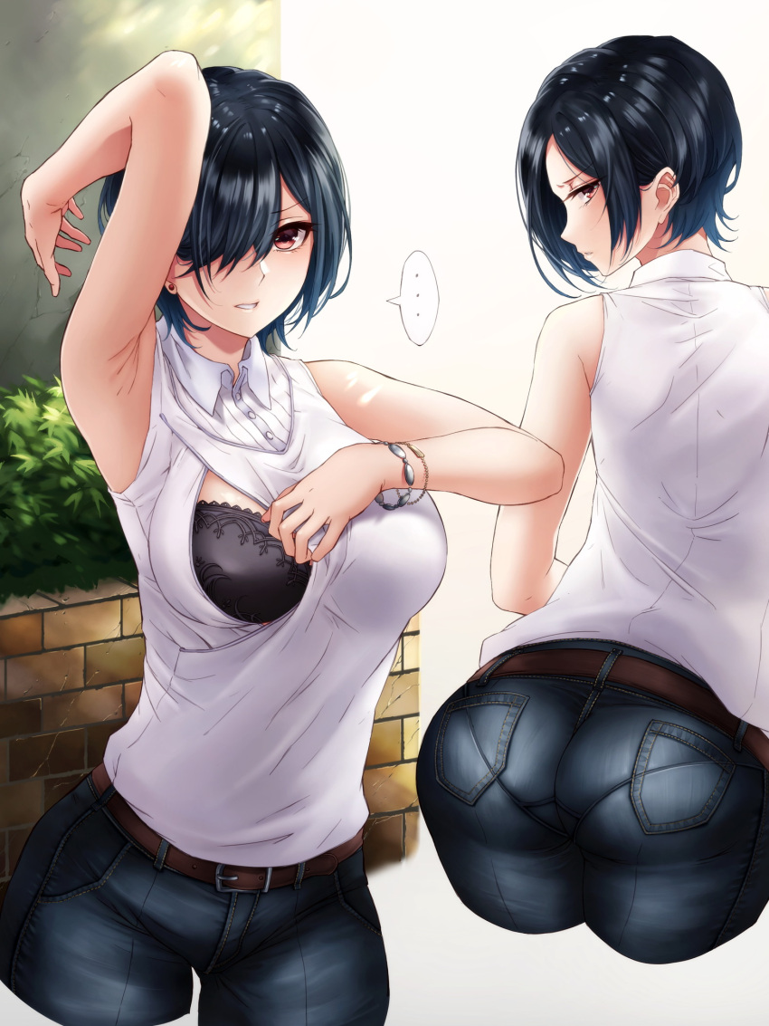 ... 1girl arched_back arm_up armpits ass bare_arms belt black_bra black_hair bra bracelet brick_wall brown_belt buttons commentary_request cropped_legs denim earrings flashing hair_over_one_eye highres hikari_(komitiookami) jewelry looking_at_viewer multiple_views original pants pantylines profile red_eyes short_hair sleeveless spoken_ellipsis stud_earrings sweater underwear white_background wing_collar
