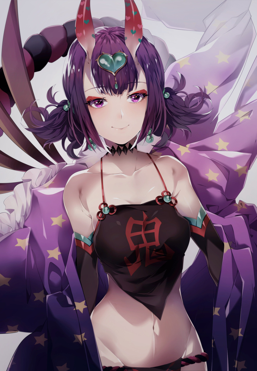 1girl absurdres bangs bare_shoulders blush bob_cut breasts choker collarbone cowboy_shot dutch_angle earrings eyebrows_visible_through_hair eyeliner fate/grand_order fate_(series) fundoshi groin highres horns jade japanese_clothes jewelry kimono long_hair looking_at_viewer makeup misshao_00 navel off_shoulder oni oni_horns open_clothes open_kimono open_mouth purple_hair purple_kimono revealing_clothes short_hair shuten_douji_(fate/grand_order) small_breasts smile solo star star_print stomach violet_eyes