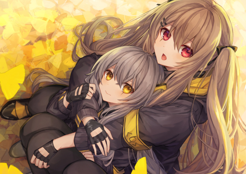 .com_(cu_105) 2girls armband bangs black_bow black_footwear black_gloves black_jacket black_legwear blush bow brown_eyes brown_hair closed_mouth commentary_request eyebrows_visible_through_hair fingerless_gloves from_above ginkgo ginkgo_leaf girls_frontline gloves grey_hair hair_between_eyes hair_bow hair_ornament hairclip hug hug_from_behind jacket long_hair long_sleeves looking_at_viewer looking_up multiple_girls open_mouth pantyhose puffy_long_sleeves puffy_sleeves red_eyes scar scar_across_eye shoes twintails ump45_(girls_frontline) ump9_(girls_frontline) very_long_hair