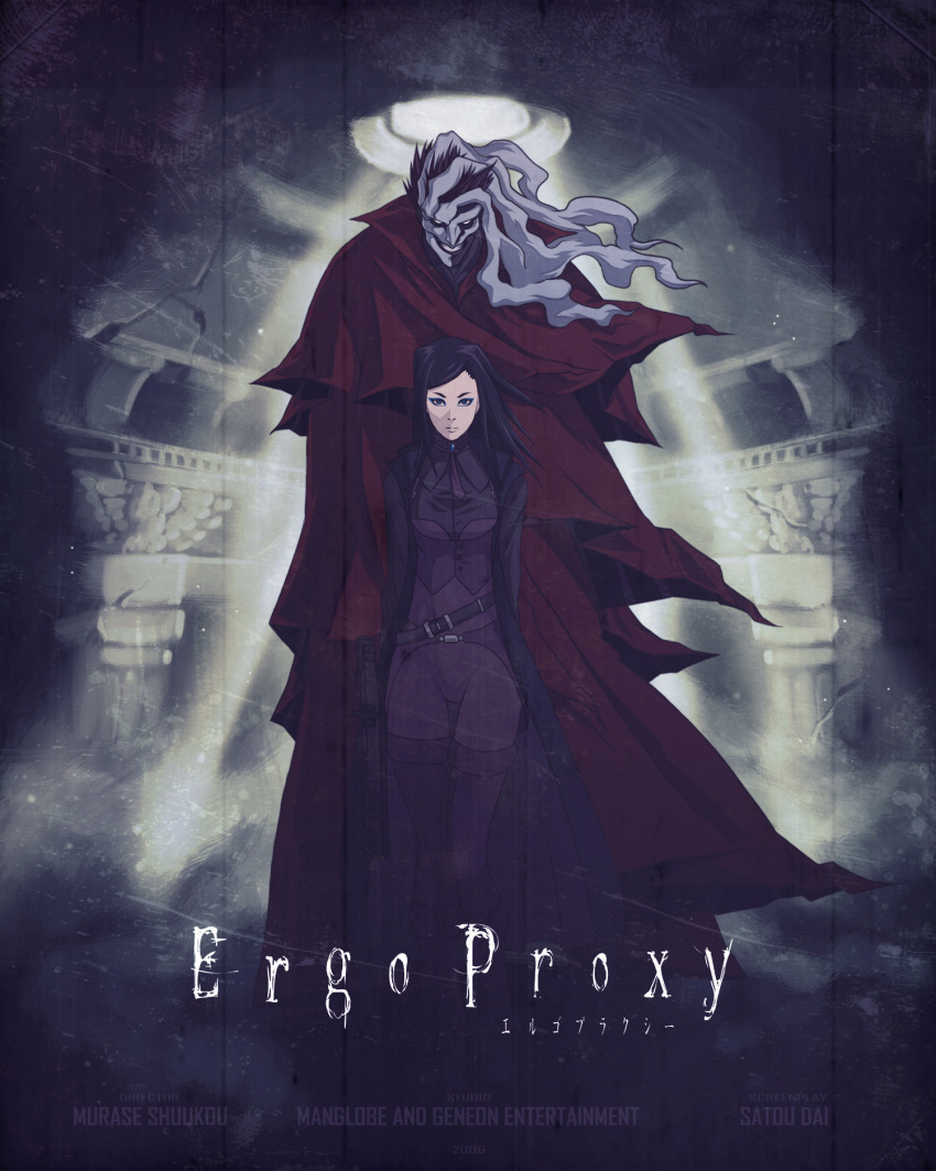 1boy 1girl black_hair cape copyright_name cover ergo_proxy ergo_proxy_(character) eyeliner fake_cover full_body gun height_difference highres long_hair makeup movie_poster re-l_mayer shotgun slivokuch weapon