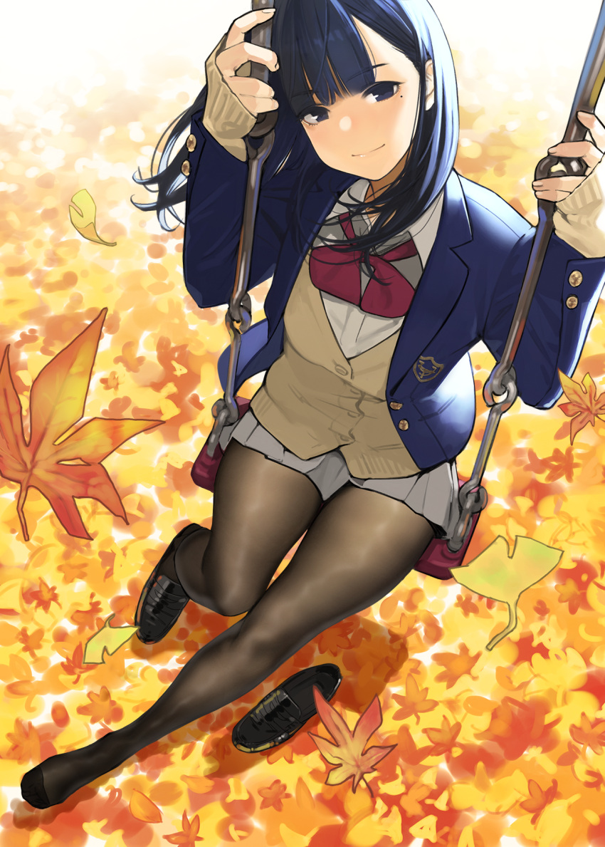 1girl autumn_leaves bangs beige_sweater black_footwear blazer blue_eyes blue_hair blue_jacket blush bow bowtie breasts buttons closed_mouth grey_skirt highres jacket legs long_hair long_sleeves looking_at_viewer mole mole_under_eye original pantyhose pleated_skirt red_neckwear shoe_removed skirt smile solo sweater swing thighs yomu_(sgt_epper)