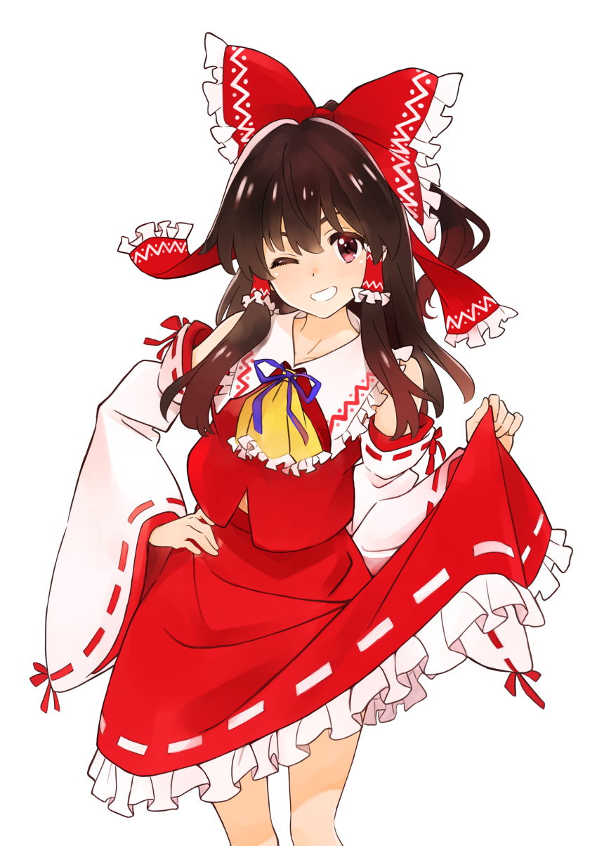 1girl ascot bangs bow brown_hair commentary_request detached_sleeves frilled_shirt_collar frilled_skirt frills grin hair_bow hair_tubes hakurei_reimu highres long_hair nontraditional_miko one_eye_closed red_bow red_eyes red_shirt red_skirt ribbon-trimmed_sleeves ribbon_trim shirt sidelocks skirt skirt_lift sleeveless sleeveless_shirt smile solo touhou white_background wide_sleeves yamaguchi_satoshi