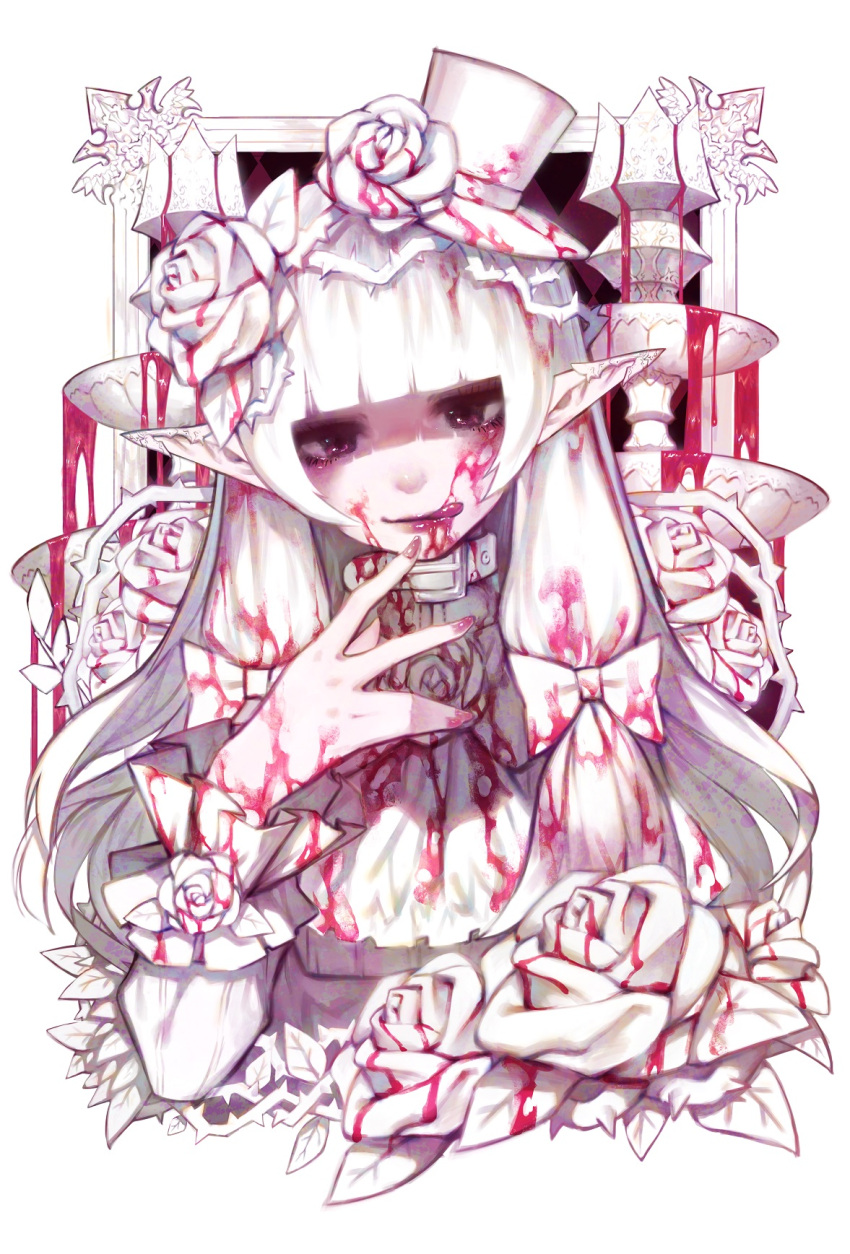 1girl bangs blood blunt_bangs bow commentary_request doku-chan_(dokkudokudoku) flower fountain gothic_lolita hair_bow hand_up hat highres lolita_fashion long_hair long_sleeves looking_at_viewer original pointy_ears rose shaded_face simple_background solo thorns tongue tongue_out very_long_hair white_background white_bow white_flower white_hair white_hat white_rose yandere