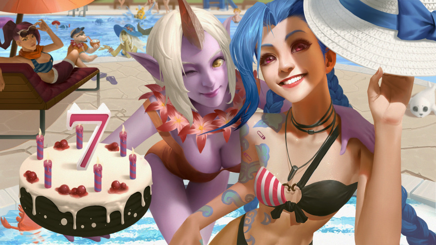 ;) arm_tattoo bangs bikini birthday_cake blonde_hair blue_hair braid breasts cake character_request cleavage downblouse food grin group_picture highres horn jinx_(league_of_legends) large_breasts league_of_legends lejia_chan lips looking_at_viewer medium_breasts multiple_girls nose one-piece_swimsuit one_eye_closed parted_bangs pink_eyes pool poolside purple_skin small_breasts smile soraka swimsuit tattoo thigh_gap twin_braids wallpaper yellow_eyes