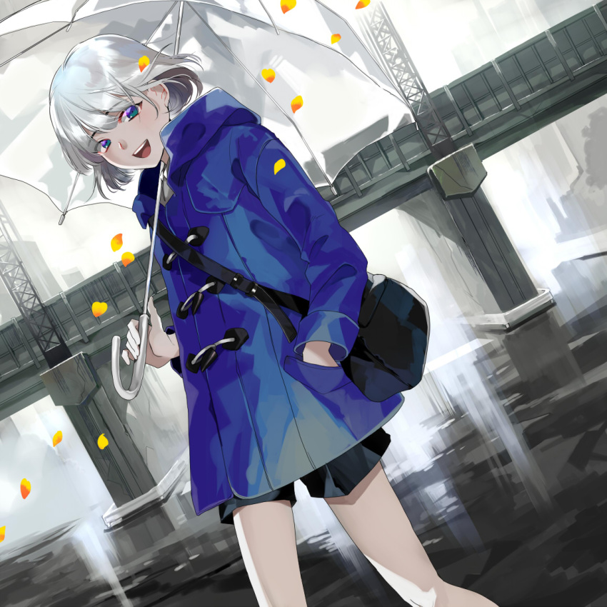 1boy :d androgynous bag black_short blue_coat blue_eyes bridge dutch_angle hand_in_pocket handbag hood hood_down kyouichi looking_at_viewer male_focus open_mouth original outdoors short_shorts shorts smile standing transparent transparent_umbrella umbrella white_hair