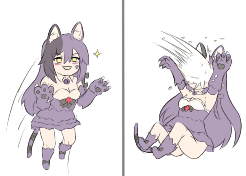 1girl animal_ears black_hair cat_ears cat_tail cheshire_cat_(monster_girl_encyclopedia) chibi claws commentary english_commentary eyebrows_visible_through_hair grin hair_between_eyes in_the_face long_hair monster_girl monster_girl_encyclopedia multicolored_hair nav parody paws photo-referenced purple_hair simple_background smile snowball sparkle striped_tail tail two-tone_hair very_long_hair white_background yellow_eyes