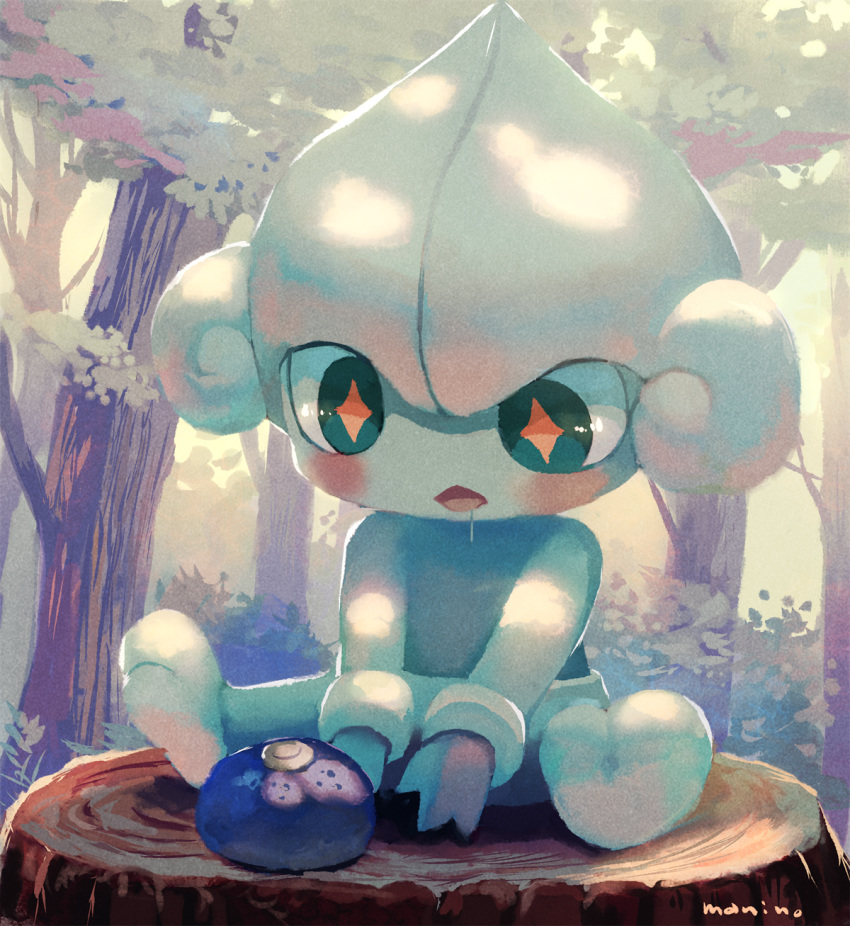 +_+ berry blush commentary_request creatures_(company) drooling forest game_freak gen_3_pokemon highres manino_(mofuritaionaka) meditite nature nintendo no_humans oran_berry outdoors pokemon pokemon_(creature) signature sitting solo tree tree_stump