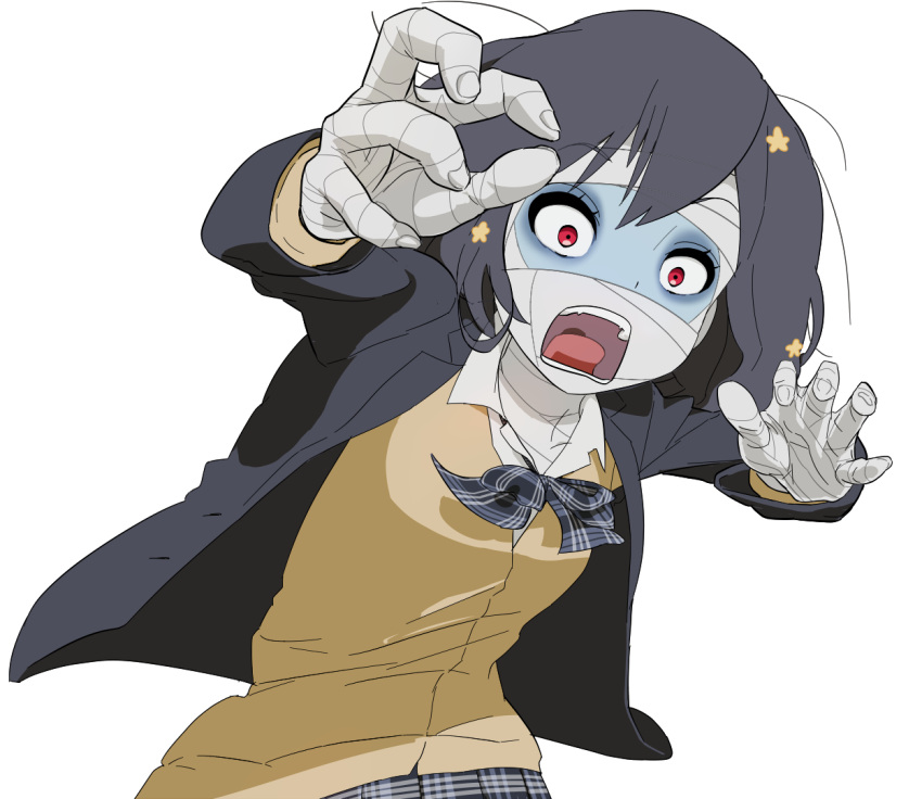 1girl bandage black_hair bow hair_between_eyes hair_ornament jacket long_sleeves messy_hair mizuno_ai open_mouth outstretched_arms pettan plaid plaid_skirt red_eyes ribbon school_uniform screaming short_hair skirt sweater_vest zombie zombie_land_saga zombie_pose